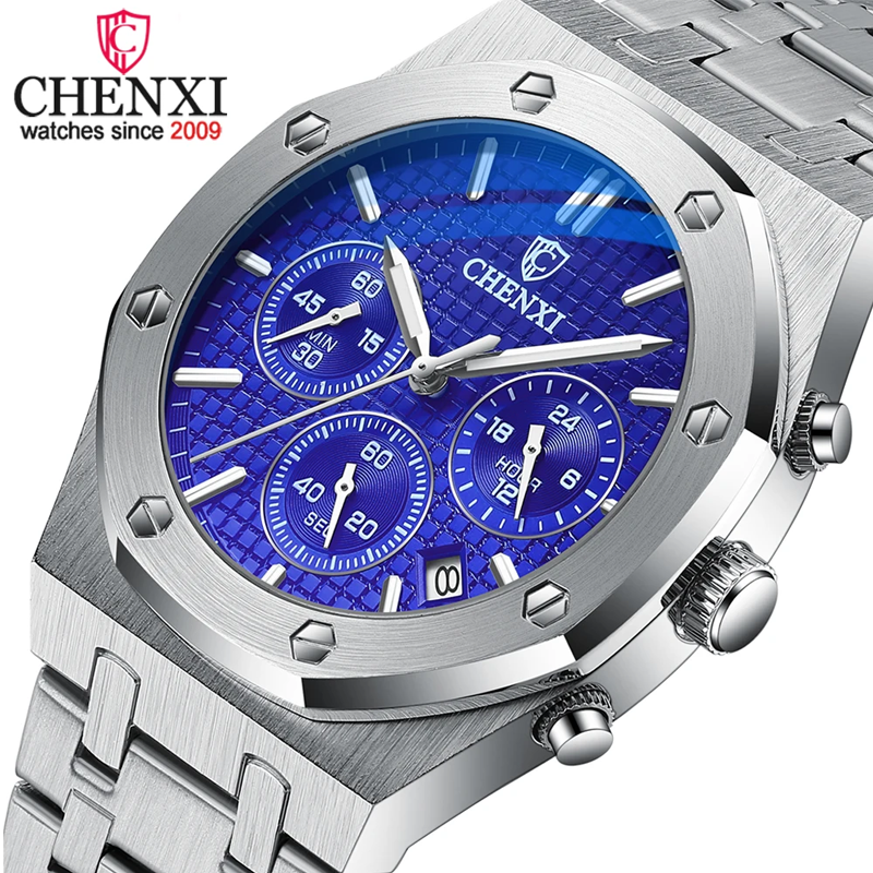 Chenxi CX0728 Chronograph Stainless Steel Sport Wristwatch Men Luminous Wristwatch (Silver Blue)